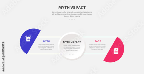 myth vs facts infographic outline style with 2 point comparison template with full circle center and half circle at edge for slide presentation