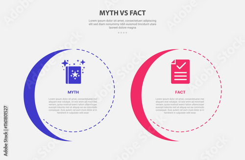 myth vs facts infographic outline style with 2 point comparison template with big circle and slice shape accessories for slide presentation