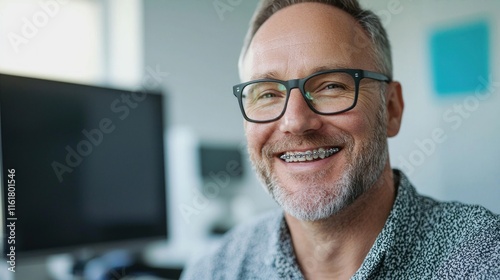 An adult with braces smiling confidently in an orthodontist's office.