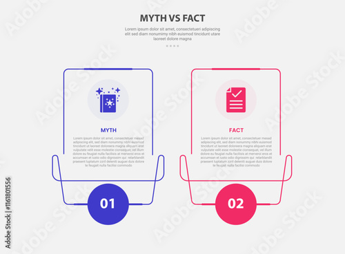 myth vs facts infographic outline style with 2 point comparison template with creative line box with swirl footer and circle bottom for slide presentation