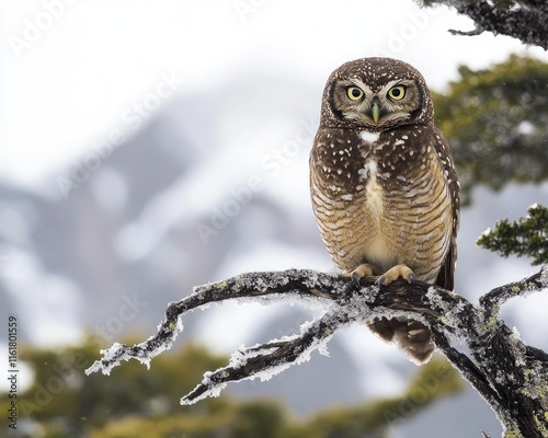 A perched owl on a snowy branch with a mountainous background. photo