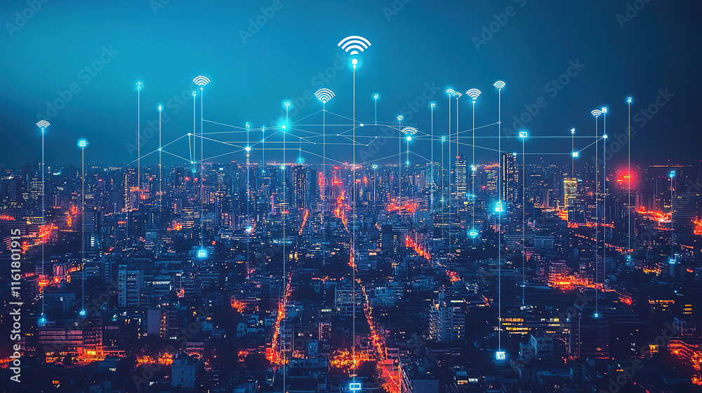Fototapeta premium Digital Technology, 5G, and Blockchain Connectivity in Smart City Infrastructure