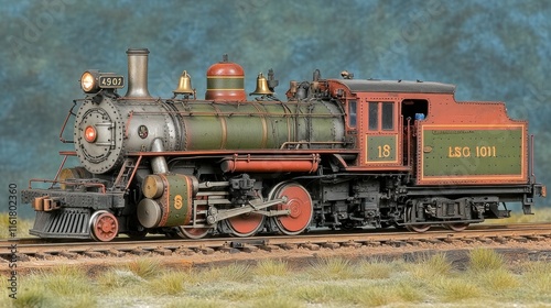 Detailed model of a vintage steam locomotive, meticulously painted with vibrant green and rusty-red hues, on a track against a blurred backdrop.