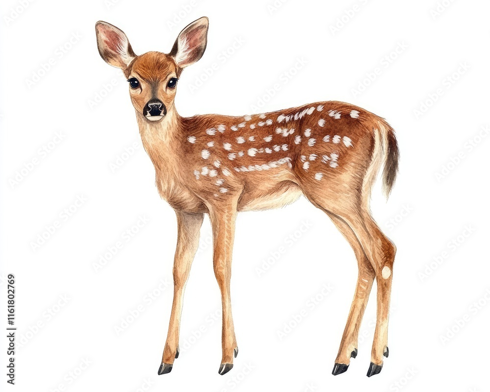 A realistic illustration of a young deer with spots, showcasing its delicate features. A realistic illustration of a young deer with spots, showcasing its delicate features.