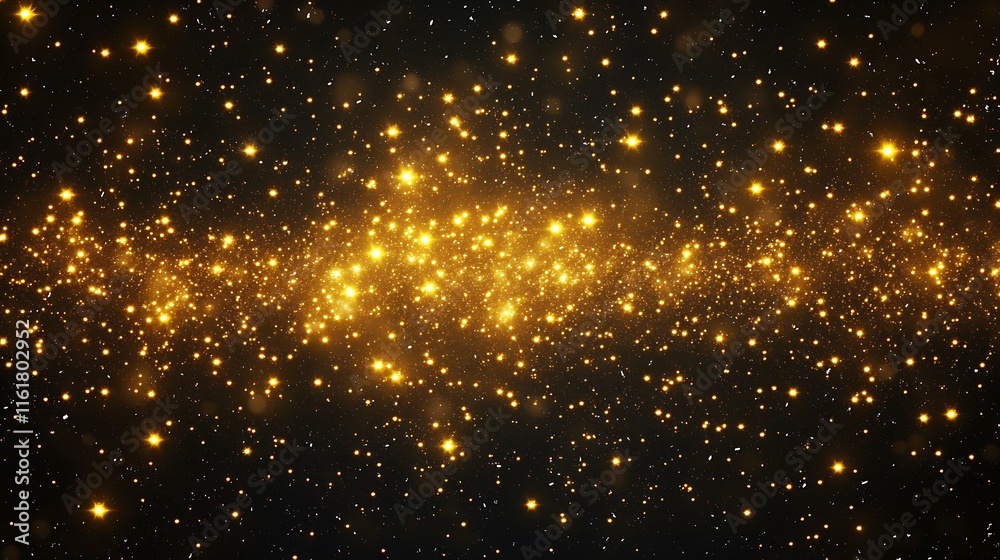 Fototapeta premium Sparkling golden dust particles floating in dark space, abstract background.