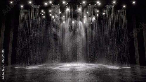 A serene indoor space with cascading water and soft lighting.