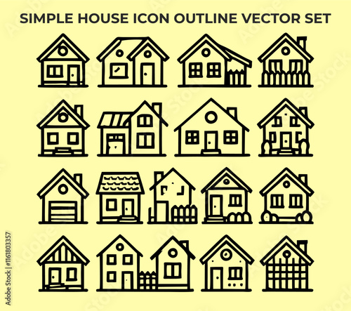 A vector set of twenty simple, black outline house icons on a light yellow background.