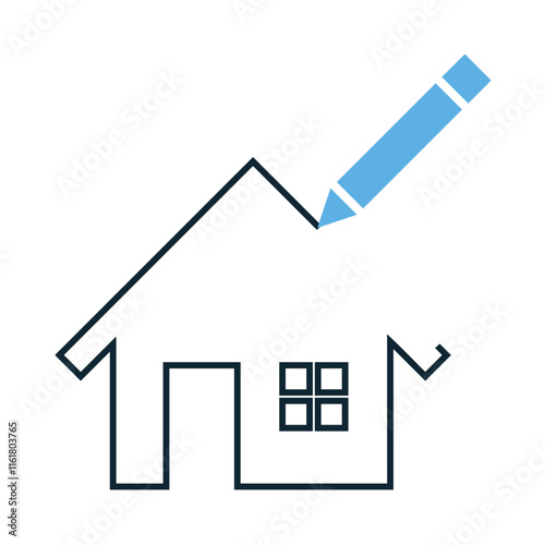 Minimalist Architecture, architect Icon with House and Blue Pencil, Representing Design, Construction, Real Estate, Renovation, Drafting, and Home Improvement Projects in a Creative and Modern Style 