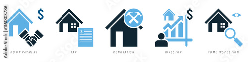 Real estate property, house residential building architecture. Containing home renovation, investor, buy and sell, tax vector glyphs pictogram sign icon symbol ui and ux design