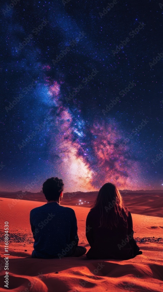 Partners stargazing in serene desert landscape, Milky Way glowing above creating dreamy cosmic ambiance for magical moment Partners stargazing in serene desert landscape, Milky Way glowing above creating dreamy cosmic ambiance for magical moment