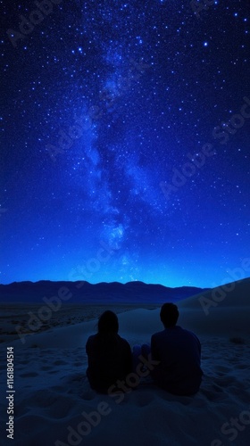 Partners stargazing in serene desert landscape, Milky Way glowing above creating dreamy cosmic ambiance for magical moment photo