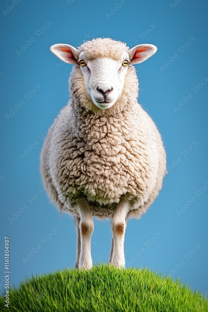 Playful Sheep on Green Hill Against Clear Blue Sky Background Playful Sheep on Green Hill Against Clear Blue Sky Background