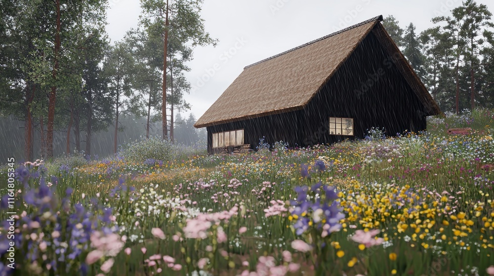 A cozy black house amidst a colorful flower-filled meadow. A cozy black house amidst a colorful flower-filled meadow.