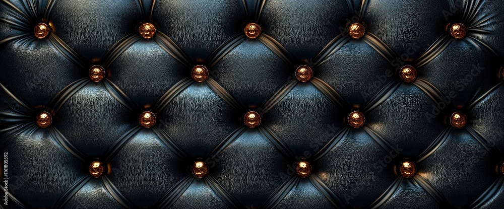 Fototapeta premium Luxurious Dark Blue Leather Upholstery Texture with Gold Buttons