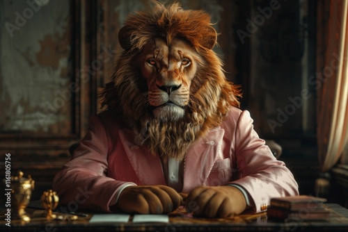 Majestic Lion in a Pink Suit Seated at Ornate Wooden Desk in Vintage Room with Classic Decor and Golden Accentslion