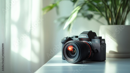 Tech Showcase: A sleek modern camera with its lens detached, displayed on a clean white surface, with dramatic side lighting emphasizing its design and details