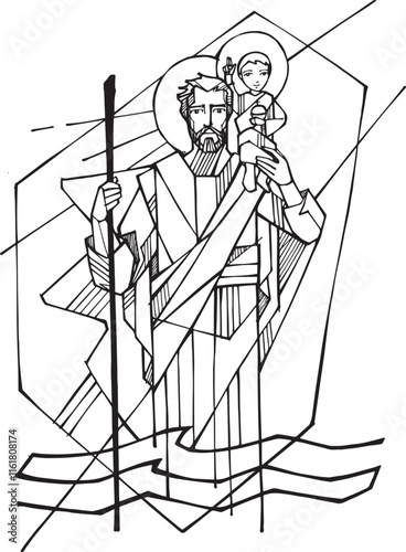 Saint Christopher and baby Jesus illustration