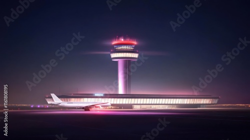 Night at the Airport: Airplane, Control Tower, and Runway Lights