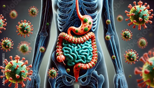Detailed Cross-Section of Digestive System with Norovirus