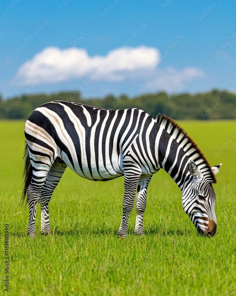 Stunning Zebra Grazing on Lush Green Field Under Bright Blue Sky Stunning Zebra Grazing on Lush Green Field Under Bright Blue Sky