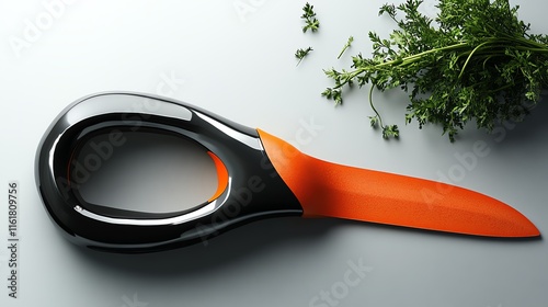 A modern kitchen knife with black and orange design next to herbs. photo