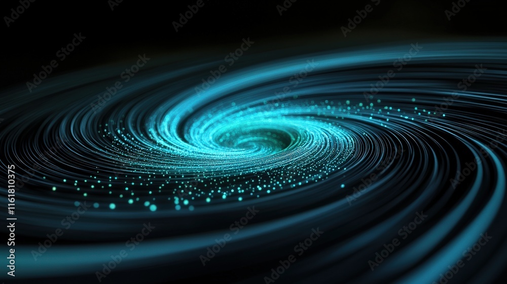Fototapeta premium Abstract swirling galaxy with vibrant blue lines and glowing particles creating a mesmerizing cosmic effect against a dark background for use in creative projects.