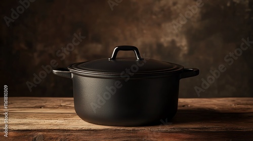 A stylish black cooking pot on a rustic wooden table.