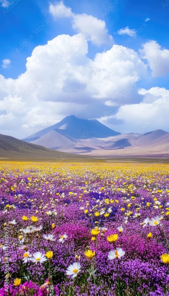 Fototapeta premium A vibrant landscape of colorful wildflowers under a blue sky and mountain backdrop.