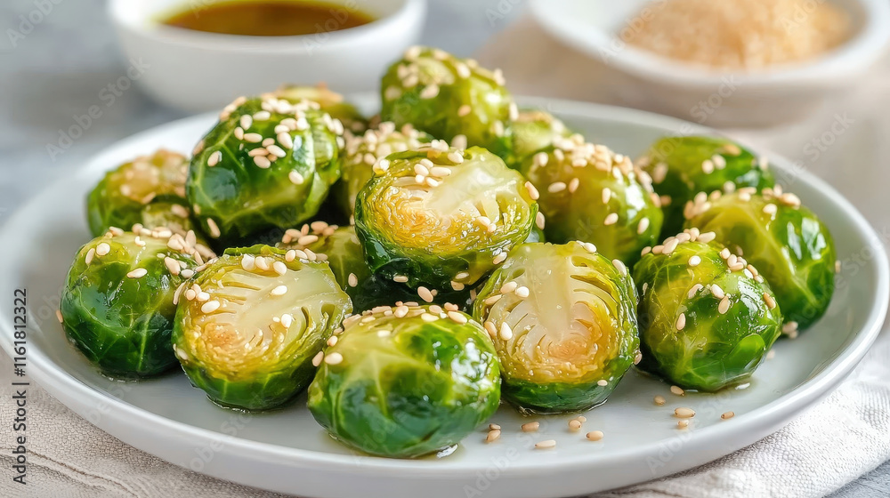 Delicious roasted Brussels sprouts topped with sesame seeds, drizzled with sauce. healthy and flavorful dish perfect for any meal Delicious roasted Brussels sprouts topped with sesame seeds, drizzled with sauce. healthy and flavorful dish perfect for any meal
