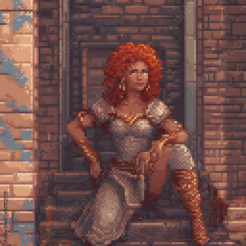 Red-haired lady perched on brick wall, pixel art style.