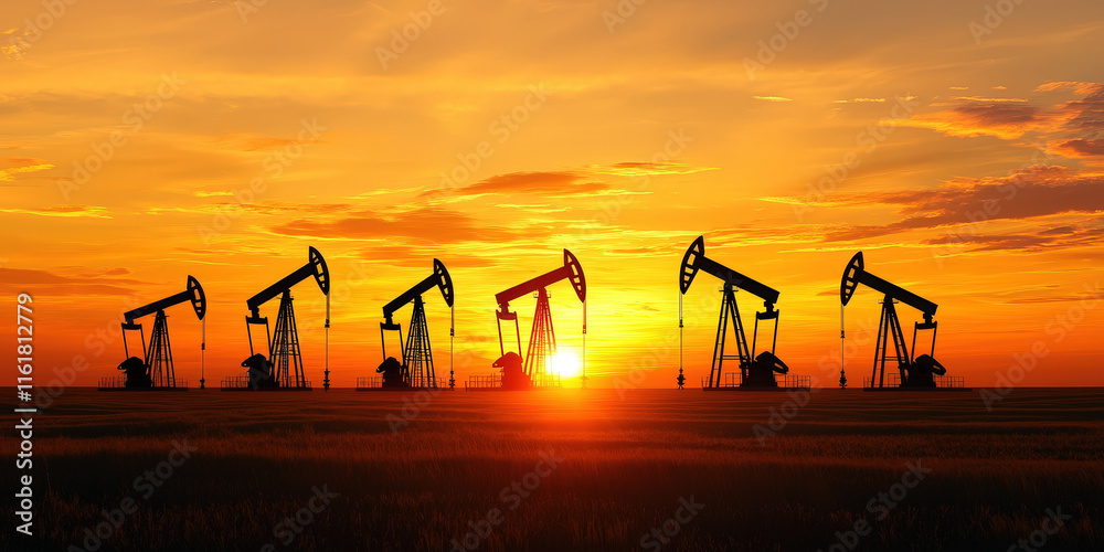 Fototapeta premium Oil pumpjacks silhouetted against vibrant sunset, creating dramatic scene. warm colors evoke sense of tranquility and industry