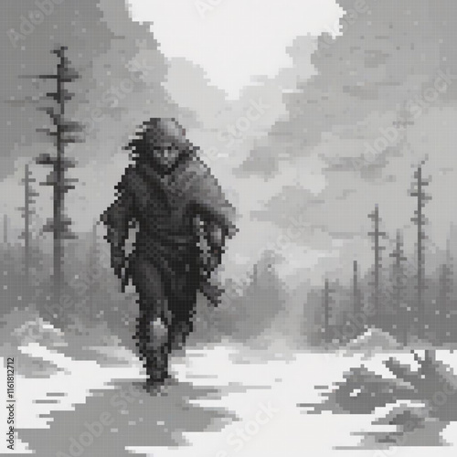 Pixel art depicts a man strolling in a woodland scene.