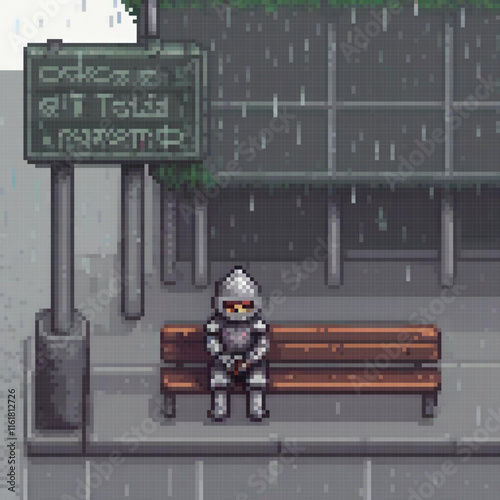 Pixel art depicts a man enjoying a rainy day on a bench.