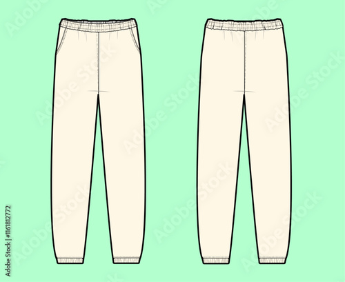 Men's fleece winter jogger vector outline drawing flat sketch. 