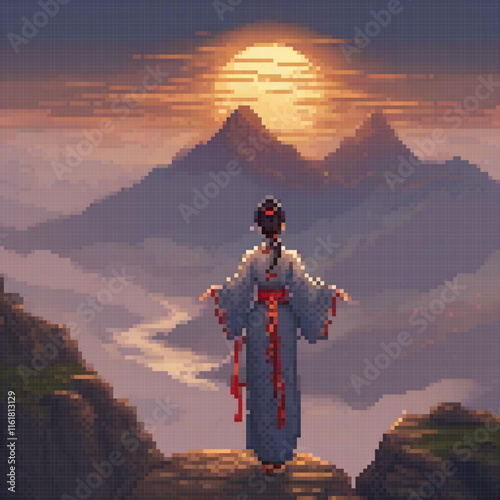 Woman in traditional kimono atop mountain, pixel art style.