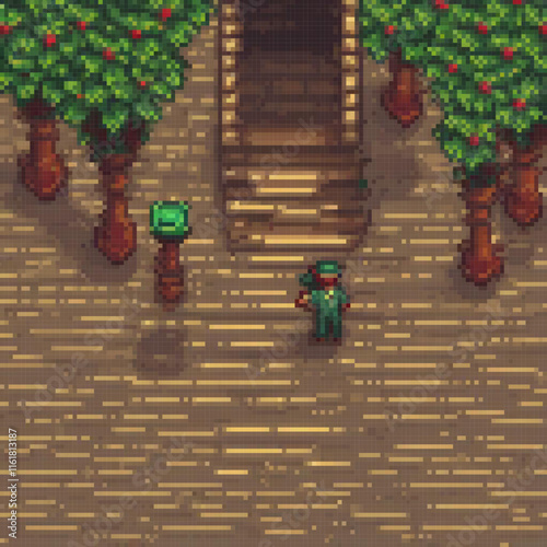 Pixel art street scene with a man strolling amidst trees.