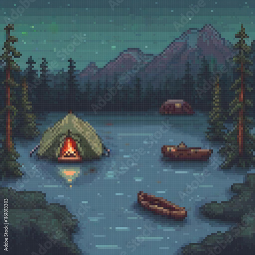 Pixel art depicting a serene campfire by a tranquil lake.