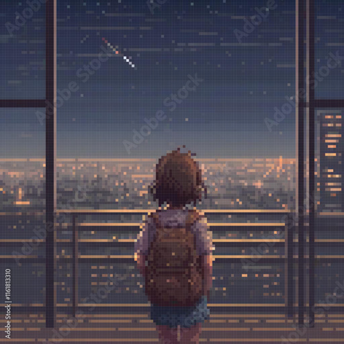 Cute pixel art of a girl gazing at a bustling cityscape at night.