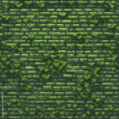 Vintage green brick wall adorned with lush ivy, perfect for retro-themed spaces.