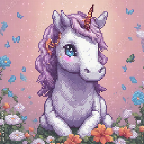 Pixel art of a magical unicorn amidst a vibrant field of flowers, surrounded by fluttering butterflies.