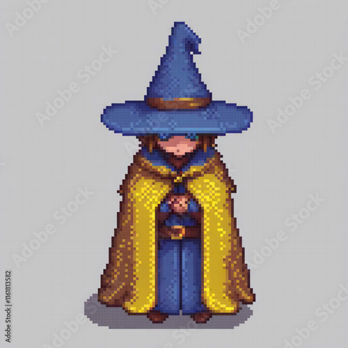 Enchanting pixel art of a wizard cradling a baby, perfect for fantasy lovers.