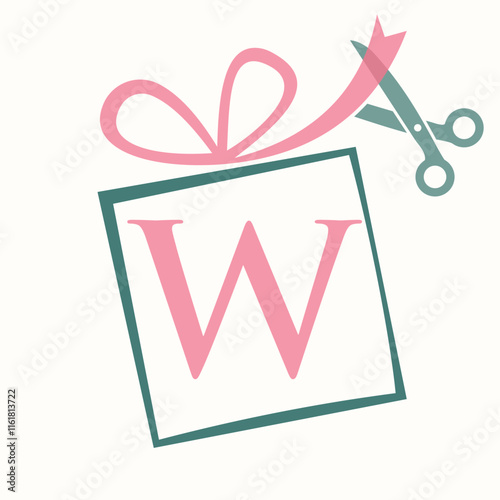 Initial Letter W Gift Box Logo Design Concept With Ribbon and Scissors Symbol For Weeding and Birthday Gift Sign