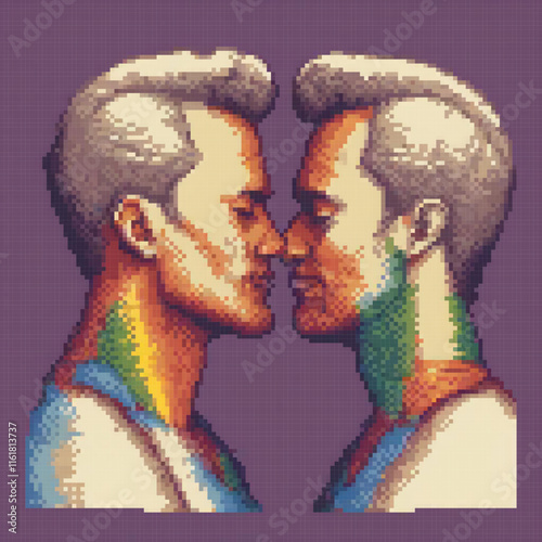Pixel art cross stitch pattern featuring a romantic kiss between two men.