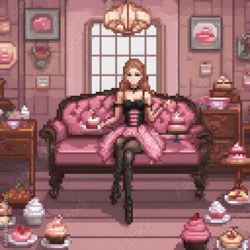 Pixel art of a woman enjoying cupcakes on a couch in a cozy room.