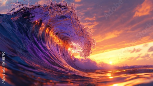 Majestic Sunset Wave: A breathtaking view of a massive wave during a vibrant sunset, showcasing the power and beauty of nature.