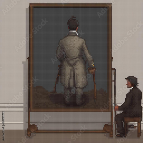 Pixel art depicting a man with a cane, admiring a similar figure in a painting.