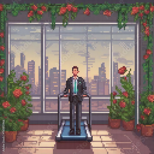 Pixel art of a man in a suit running on a treadmill by a window.
