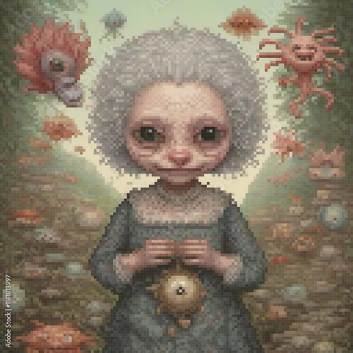 Cute pixel art: Little girl with a fish, a charming scene.