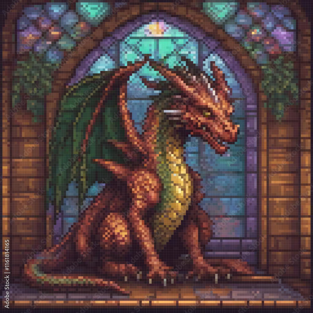 Obraz premium Pixel dragon by stained glass window