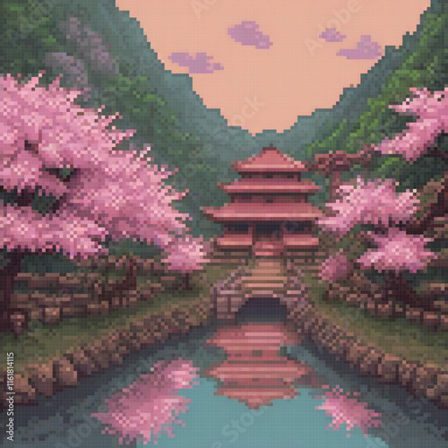 Japanese temple pixel art by the river